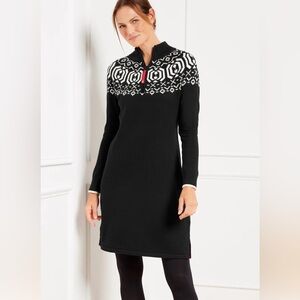 T by Talbots Fair Isle Sweater Dress NWT Black White Red Accents $149 Retail